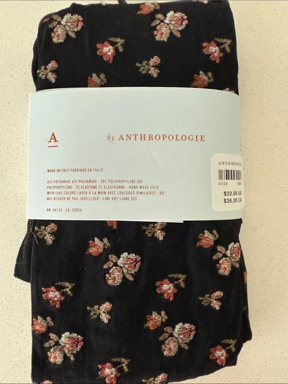 Anthropologie Black Floral Tights with Pink and Cream Blooms